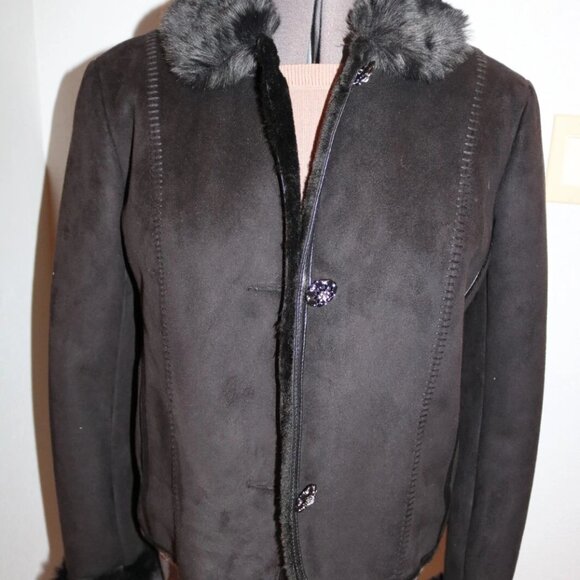COLDWATER CREEK Coat Jacket Black Faux Suede/Faux Shearling Fur Vegan PS Sherpa - Picture 2 of 15